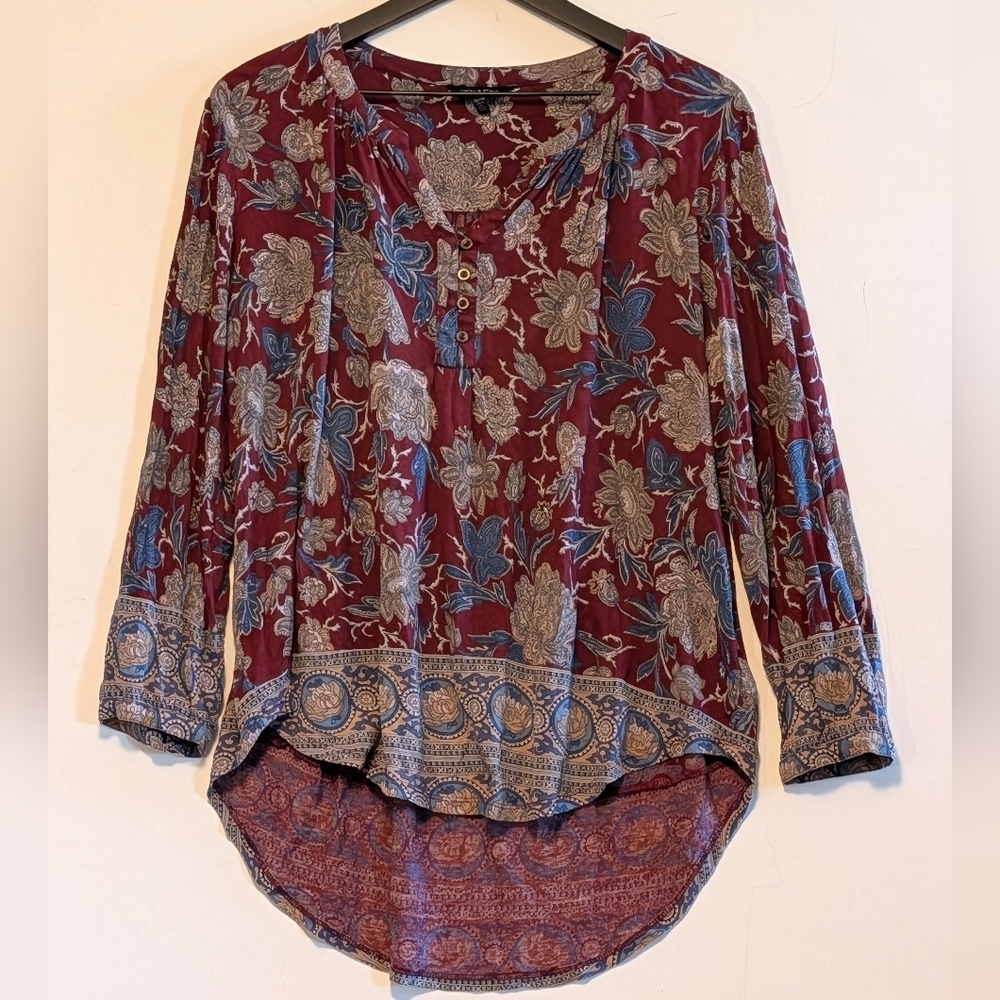 Lucky Brand XL Burgundy Floral Hi Low Blouse Boho 3/4 Sleeve Flowy Top Casual